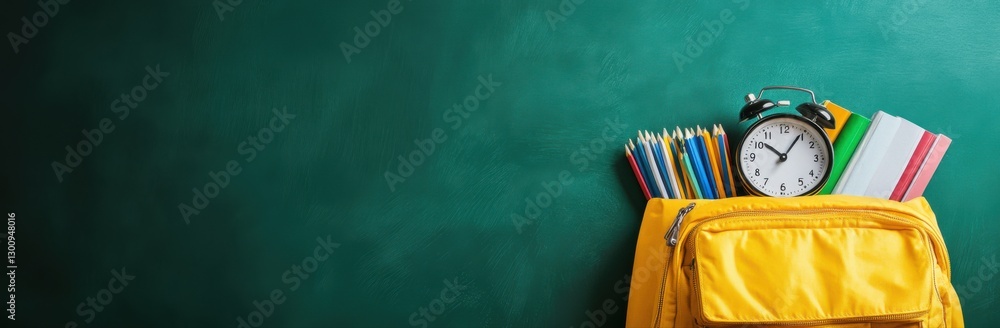 Poster a yellow school bag with a clock and pencils on top of it. the clock is showing the time as 10:30