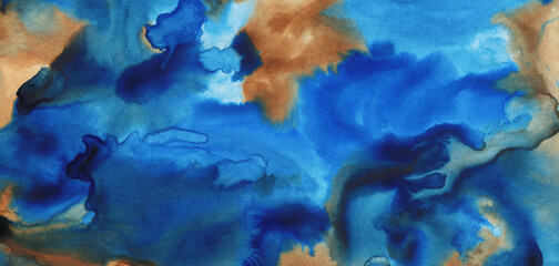 Abstract artist-made texture. Blue and brown paint on paper. Versatile hand painted artistic background for creative design projects: posters, websites, covers, banners, cards, prints, wallpapers.