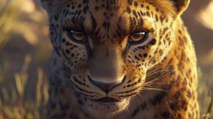 Fototapeta premium fierce leopard stares confidently in sun kissed landscape