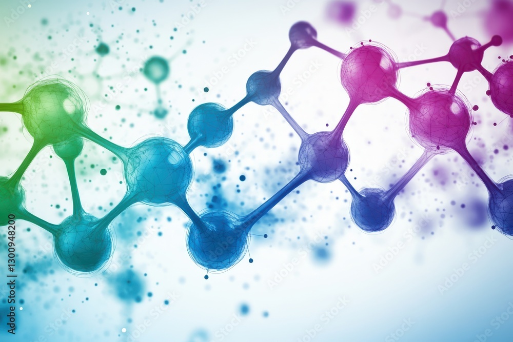 Poster a colorful image of molecules and atoms. the image is abstract and has a scientific feel to it