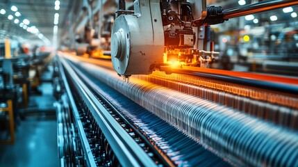 Obraz premium Industrial looms at work, weaving colorful yarns, showcasing the machinery of textile production, vibrant lighting, hightech manufacturing atmosphere