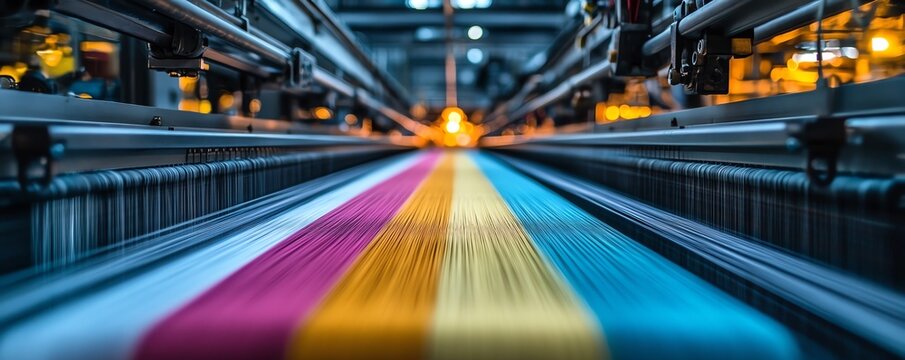 Industrial looms at work, weaving threads into fabric, vibrant yarn colors, showcasing advanced machinery, dynamic motion in a textile factory