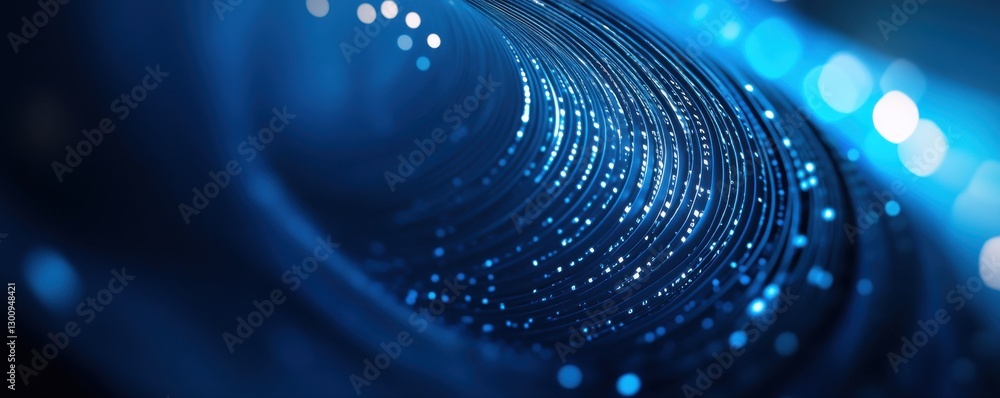 Poster a blue and white image of a spiral with a lot of dots. the image has a futuristic and abstract feel 