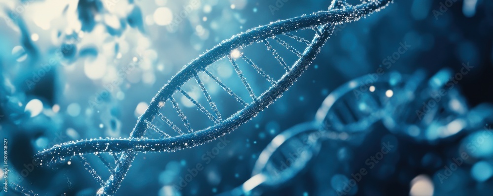 Poster a blue and white image of a dna strand. the strand is shown in a very detailed and intricate way, wi
