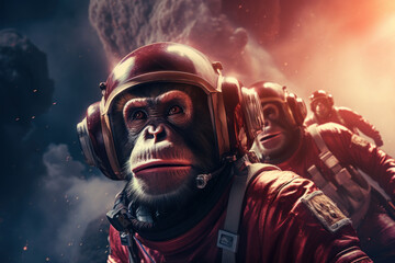 A group of monkeys dressed as astronauts explore space.