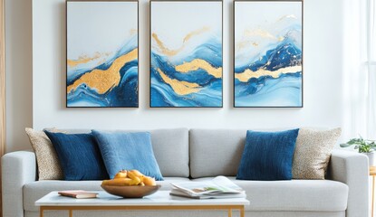 A living room with a couch, a coffee table, and three paintings on the wall. The paintings are blue and gold, and they depict a wave. The couch is covered in pillows, and there are oranges
