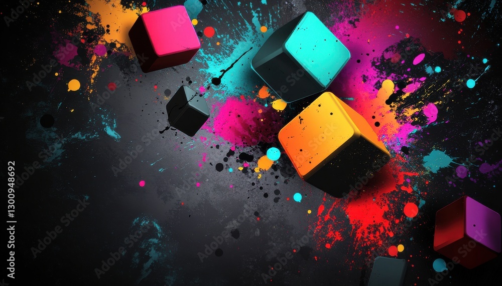 Poster a colorful image of blocks with splatters of paint on it. the blocks are in various colors and sizes