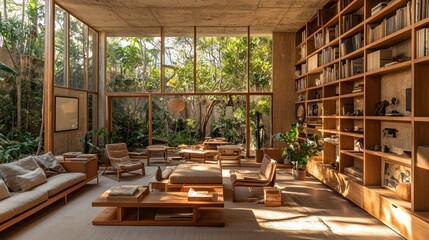 Fototapeta premium Modern Living Room with Lush Garden Views