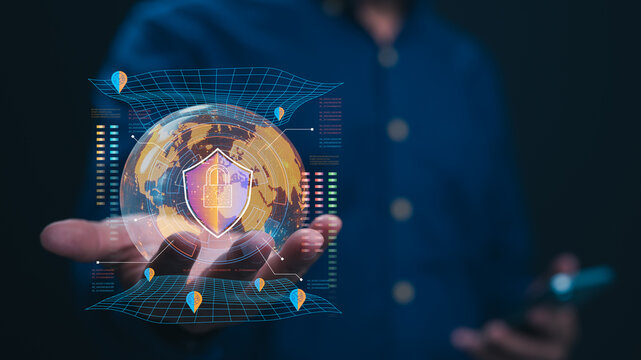Securing the Digital World Cybersecurity, Global Protection, Futuristic visualization of cyber protection, digital globe with security lock, technological interface, symbolizing global cybersecurity - Powered by Adobe