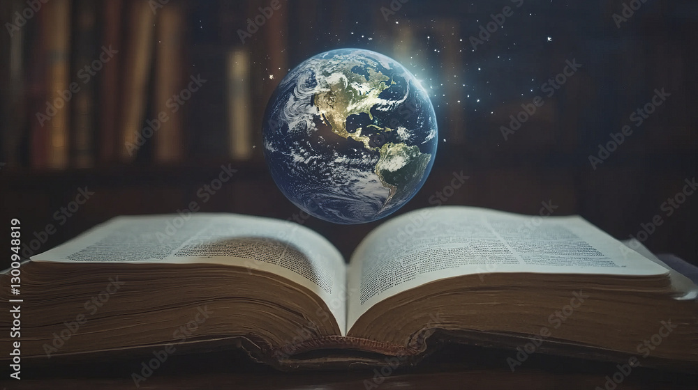 Poster floating earth above ancient open book in mystical library