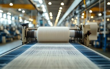 Industrial looms weaving yarn into fabric, showcasing the textile production process, hightech machinery, rich textures, factory environment