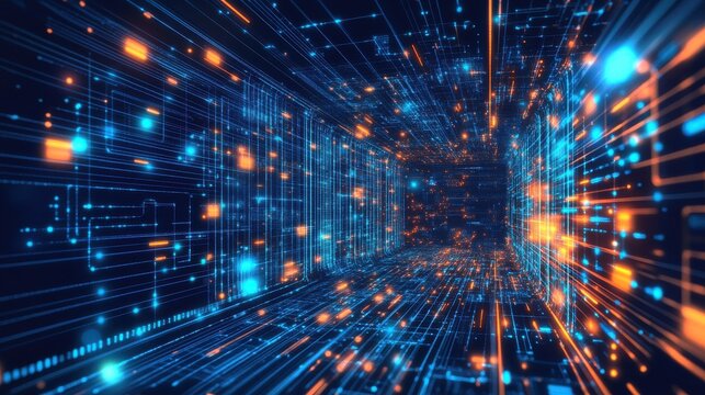 A blue and orange computer screen with many small dots. The dots are arranged in a way that creates a sense of depth and movement. The image conveys a feeling of technology and innovation