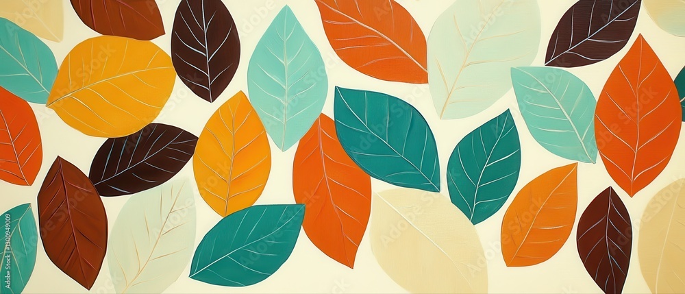 Poster a colorful leafy background with a variety of leaves in different colors. the leaves are arranged in