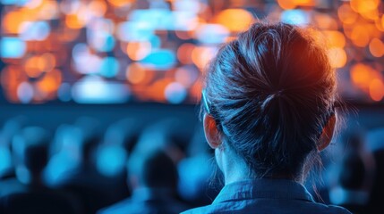 A person watches a vibrant digital display, surrounded by an audience in a dimly lit environment, creating an immersive experience.
