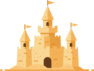 Sandcastle with three towers and flags in a flat design style showcasing a playful beach atmosphere in vector art
