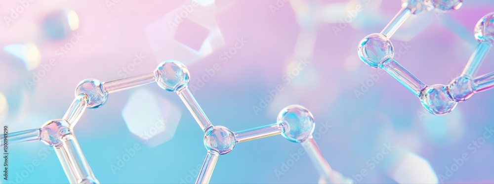 Poster a blue and purple background with a series of glassy, clear molecules. the molecules are arranged in