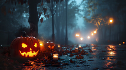 Obraz premium Glowing Jack o lanterns light up foggy Halloween night with eerie charm