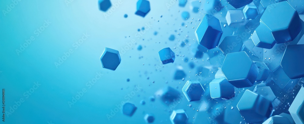 Poster a blue background with a bunch of blue cubes scattered around it. the cubes are of different sizes a