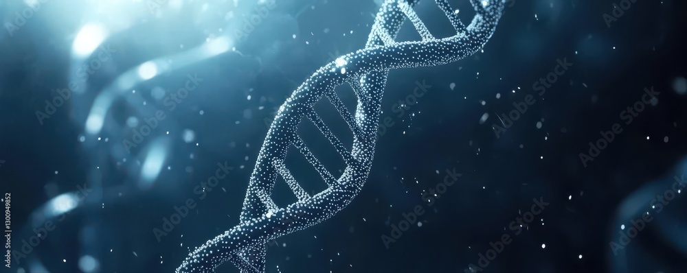 Poster a close up of a dna strand with a blue background. the strand is made up of many small dots, giving 