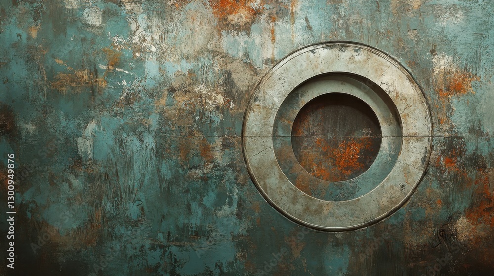 Poster a weathered and textured metallic surface with concentric circular indentations