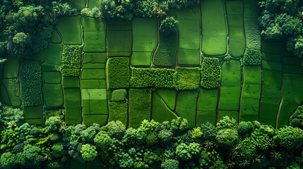 Lush Green Rice Paddy Fields Seen From Above in Scenic Countryside Landscape