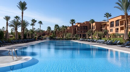 Fototapeta premium luxurious resort pool with palm trees and buildings