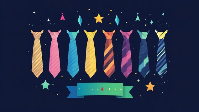 Vibrant illustration celebrating National Tie Day, featuring the text "National Tie Day" prominently on a dark blue background