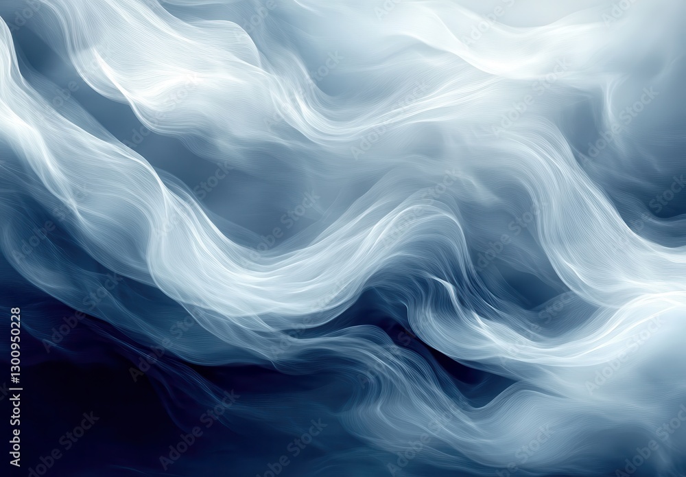 Poster the image is a blue and white abstract painting of a wave. the wave is made up of many small, swirli
