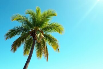 Leaning palm, vibrant green leaves against clear sky, isolated, vacation