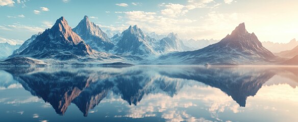 A mountain range is reflected in the water. The mountains are covered in snow and the water is calm