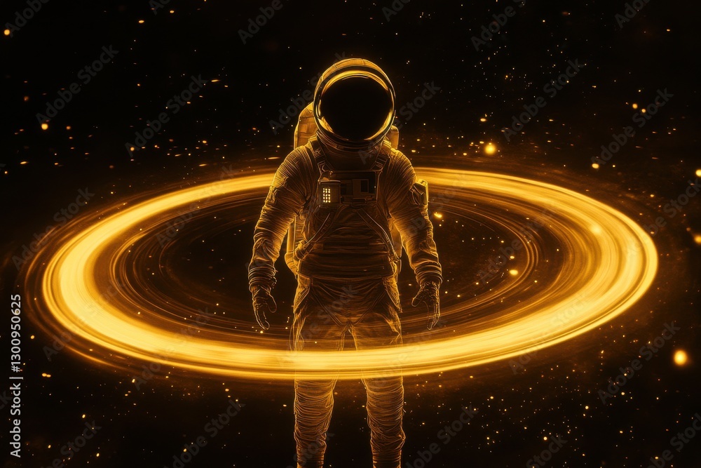 Poster a man in a space suit stands in front of a yellow circle. the image has a futuristic and adventurous