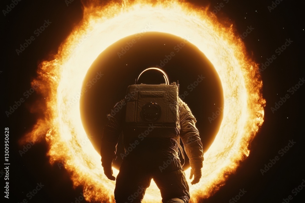 Poster a man in a spacesuit stands in front of a large hole in the ground. the image has a surreal and othe