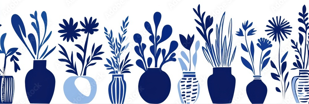 Poster a row of blue vases with flowers in them. the vases are arranged in a line, with some taller and som