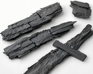 Charcoal pieces on a white background, close up view