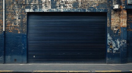 Dark Blue Metal Roller Shutter Urban Street Scene Old Brick Wall Building Exterior Dark Moody Photography Background Texture Design Element Industrial