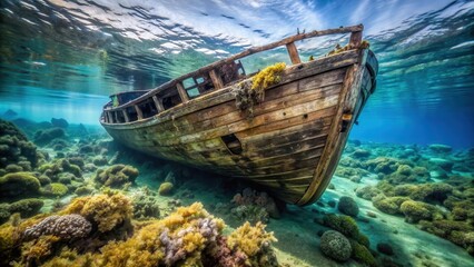 Obraz premium Weathered wooden hull of a shipwreck partially submerged in the ocean, with seaweed and coral growing around it