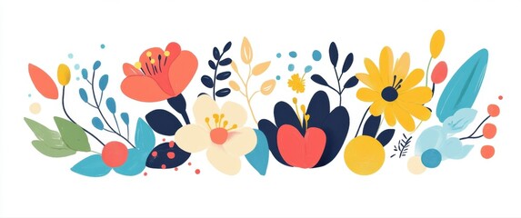 A colorful bouquet of flowers with a blue and yellow flower in the middle. The flowers are arranged in a row and are surrounded by leaves