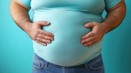 Chubby male pressing stomach, wearing light blue shirt and denim, revealing health concerns against matching blue backdrop