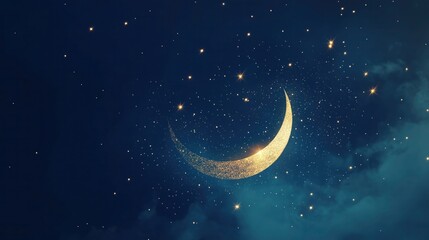 Mesmerizing night sky scene with a glittering crescent moon surrounded by numerous stars. The deep blue backdrop enhances the celestial beauty of this enchanting view.