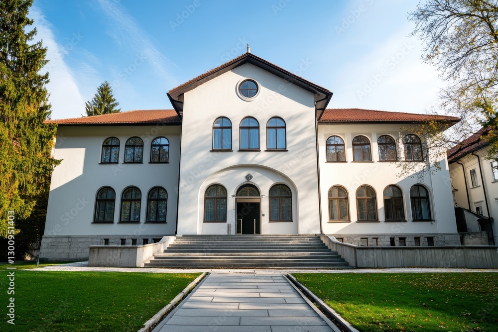 Poster a large white building with a red roof and arched windows. the building has a large courtyard with a