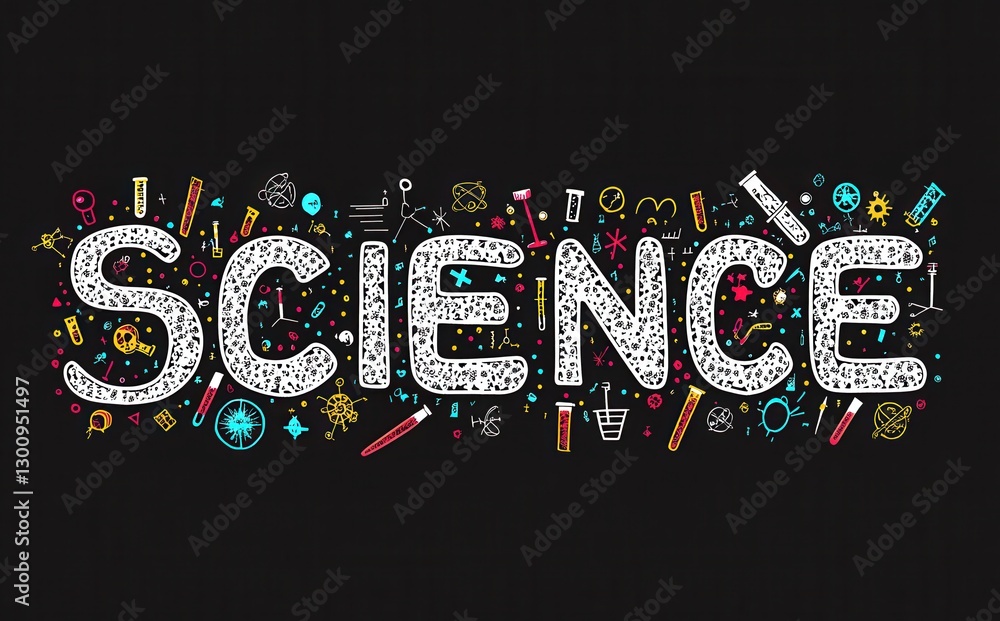 Poster science is a word that is written in a colorful and creative way. it is surrounded by various symbol