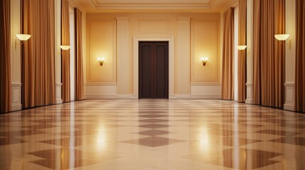 A spacious, elegantly designed hall featuring warm lighting, polished floors, and a prominent wooden door at the center.