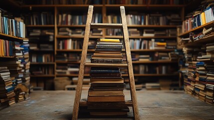 Obraz premium A wooden ladder resting against a stack of books, symbolizing the ascent of knowledge and educational growth, soft lighting, scholarly atmosphere