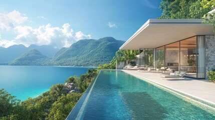 Fototapeta premium Luxury Villa with Infinity Pool Overlooking Serene Mountain Lake