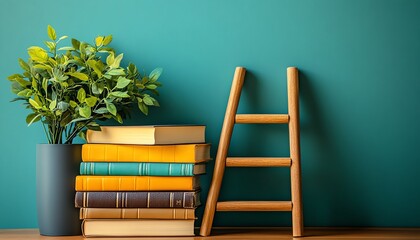 Books stacked with a wooden ladder beside them, symbolizing educational growth and the climb of knowledge, warm, inviting colors, scholarly theme