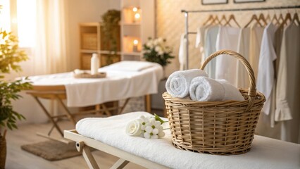Tranquil spa room with a basket of rolled towels beside a massage table adorned with soft décor
