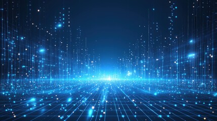 Futuristic digital glowing grid network. A virtual grid shines with blue light. Cyberspace network and abstract background. Techy design with perspective and innovation. Modern science virtual