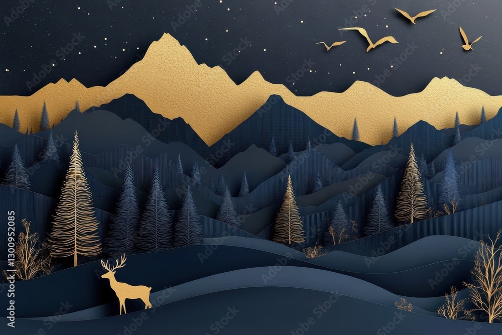 Poster a mountain range with a deer in the foreground and a flock of birds flying in the background. the sc