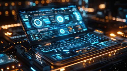 Obraz premium Futuristic laptop with glowing blue interface on a circuit board.