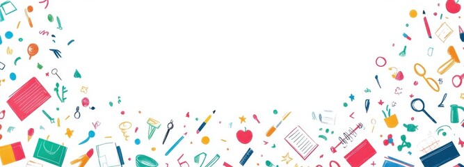 A colorful background with various objects such as a book, a pen, a knife, a cup, a spoon, a bottle, a bowl, a cupcake, a key, a pair of scissors, a spoon, a knife, a cupcake